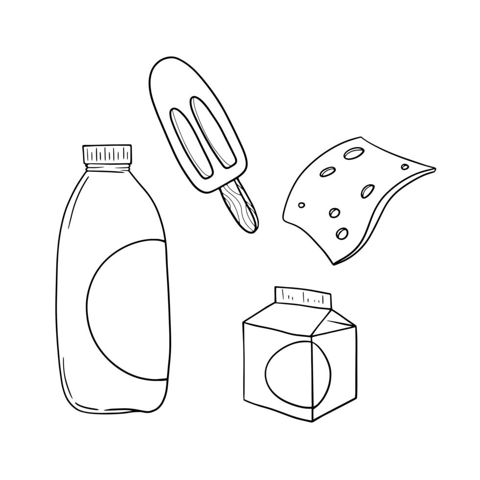 ensemble monochrome d'icônes, produits laitiers, une tranche de fromage, crème glacée au lait et sacs de lait, illustration vectorielle en style cartoon sur fond blanc vecteur