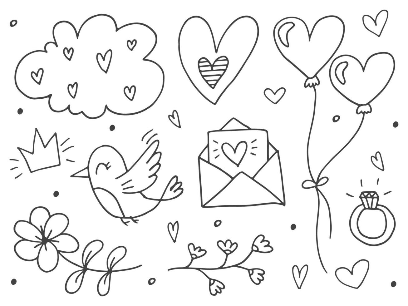 grand ensemble d'éléments de doodle mignons dessinés à la main sur l'amour. autocollants de message pour les applications. icônes pour la saint valentin, les événements romantiques et le mariage. vecteur