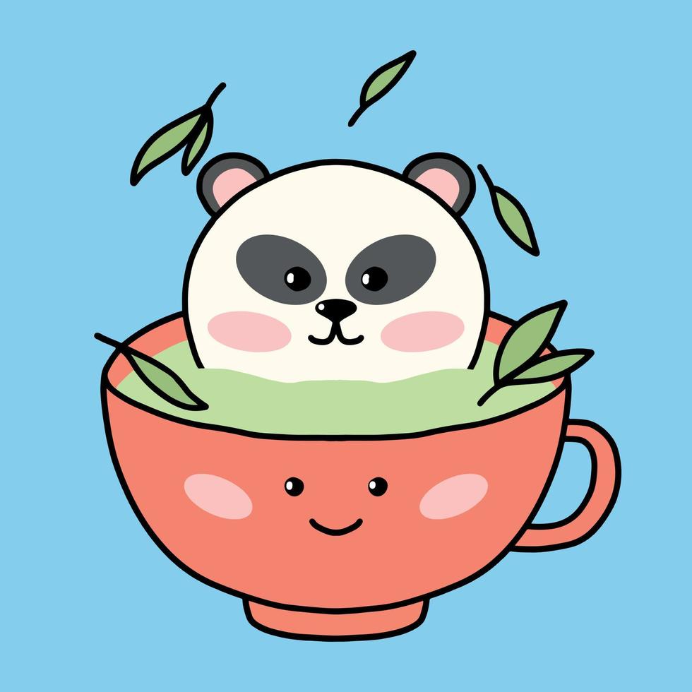 concept de consommation de thé. panda mignon dans une tasse de thé. façon kawaï. illustration vectorielle. vecteur