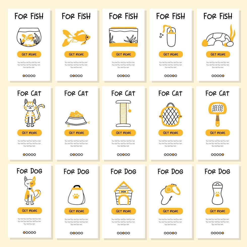 captures d'écran de l'animalerie et de l'application mobile. modèle vectoriel de bannière de menu pour le développement de sites Web et d'applications. modèles d'animalerie pour magasin.
