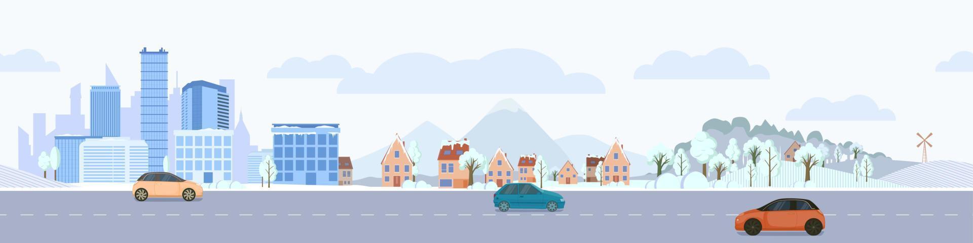 paysage d'hiver urbain avec autoroute. gratte-ciel bleus couverts de neige avec des maisons privées et des voitures de vecteur de parc et de passage.