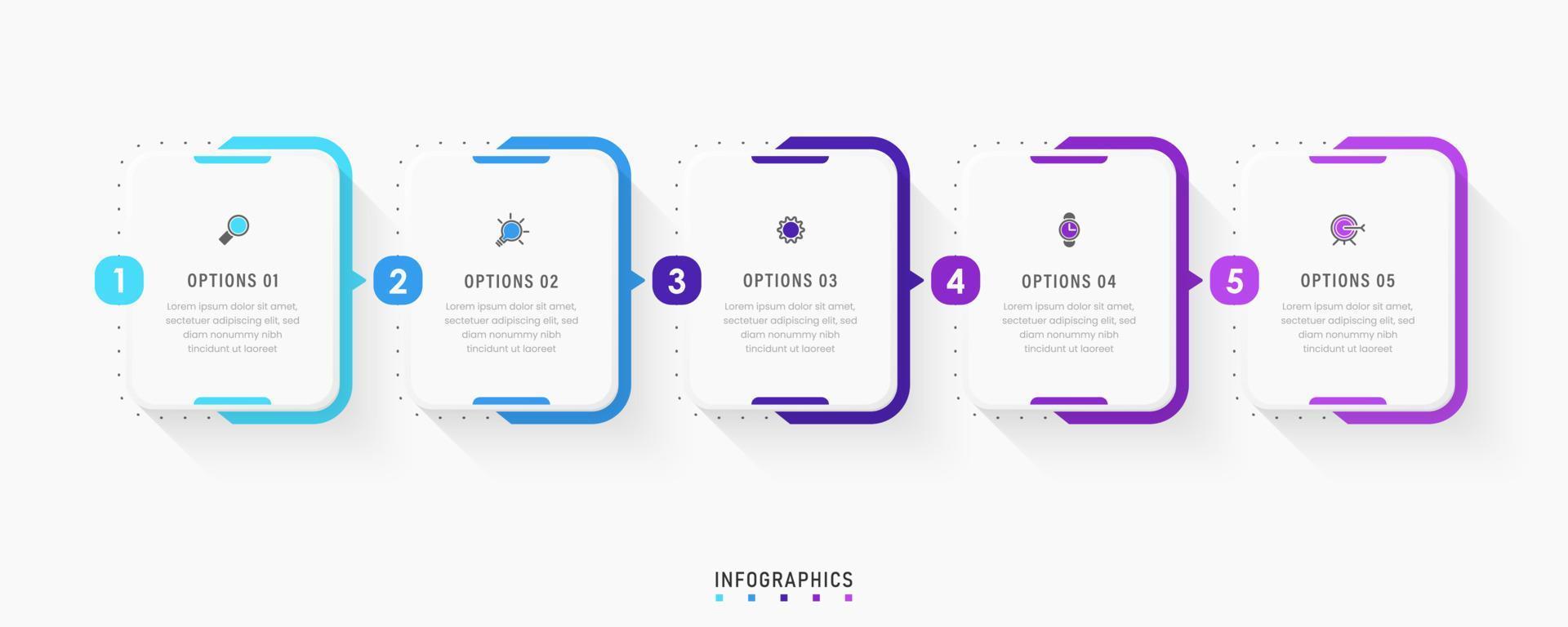 modèle de conception d'étiquettes infographiques vectorielles avec icônes et 5 options ou étapes. peut être utilisé pour le diagramme de processus, les présentations, la mise en page du flux de travail, la bannière, l'organigramme, le graphique d'informations. vecteur