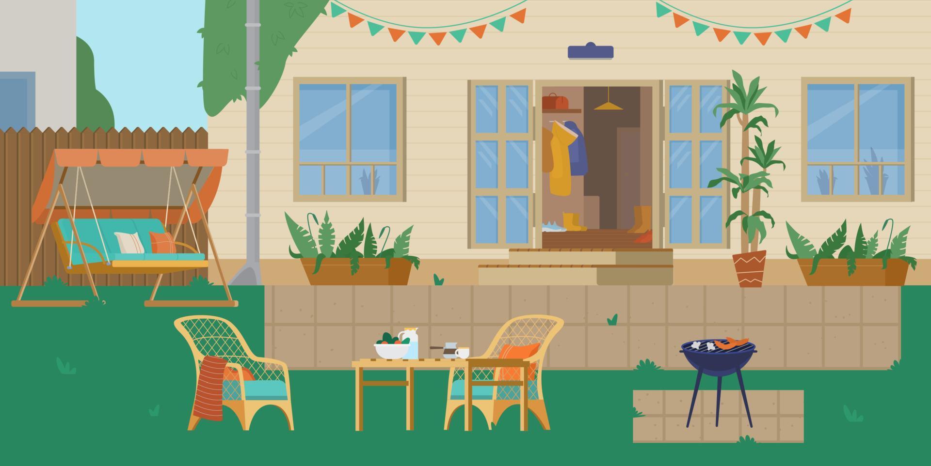 jardin ou terrasse de la maison avec barbecue, balançoire de jardin, meubles de jardin en osier. illustration vectorielle plane. vecteur