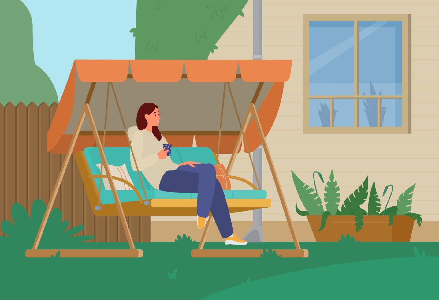 jeune femme buvant du café et se relaxant dans une balançoire de jardin dans l'arrière-cour. illustration vectorielle. vecteur