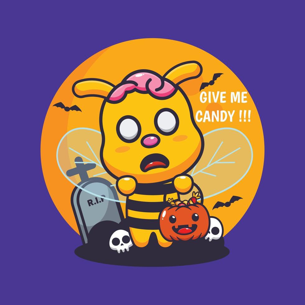 l'abeille zombie mignonne veut des bonbons. illustration de dessin animé mignon halloween. vecteur