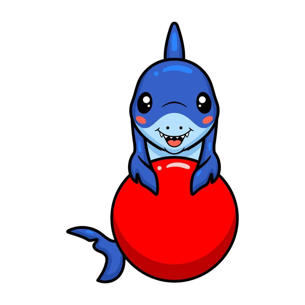 mignon petit dessin animé de requin jouant à la balle rouge vecteur