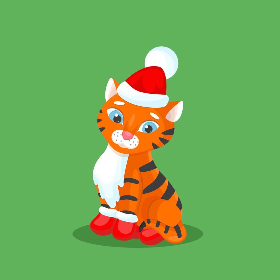 personnage de tigre mignon avec chapeau de noël et mitaines. illustration vectorielle de nouvel an. carte postale amusante avec symbole animal de l'année. vecteur