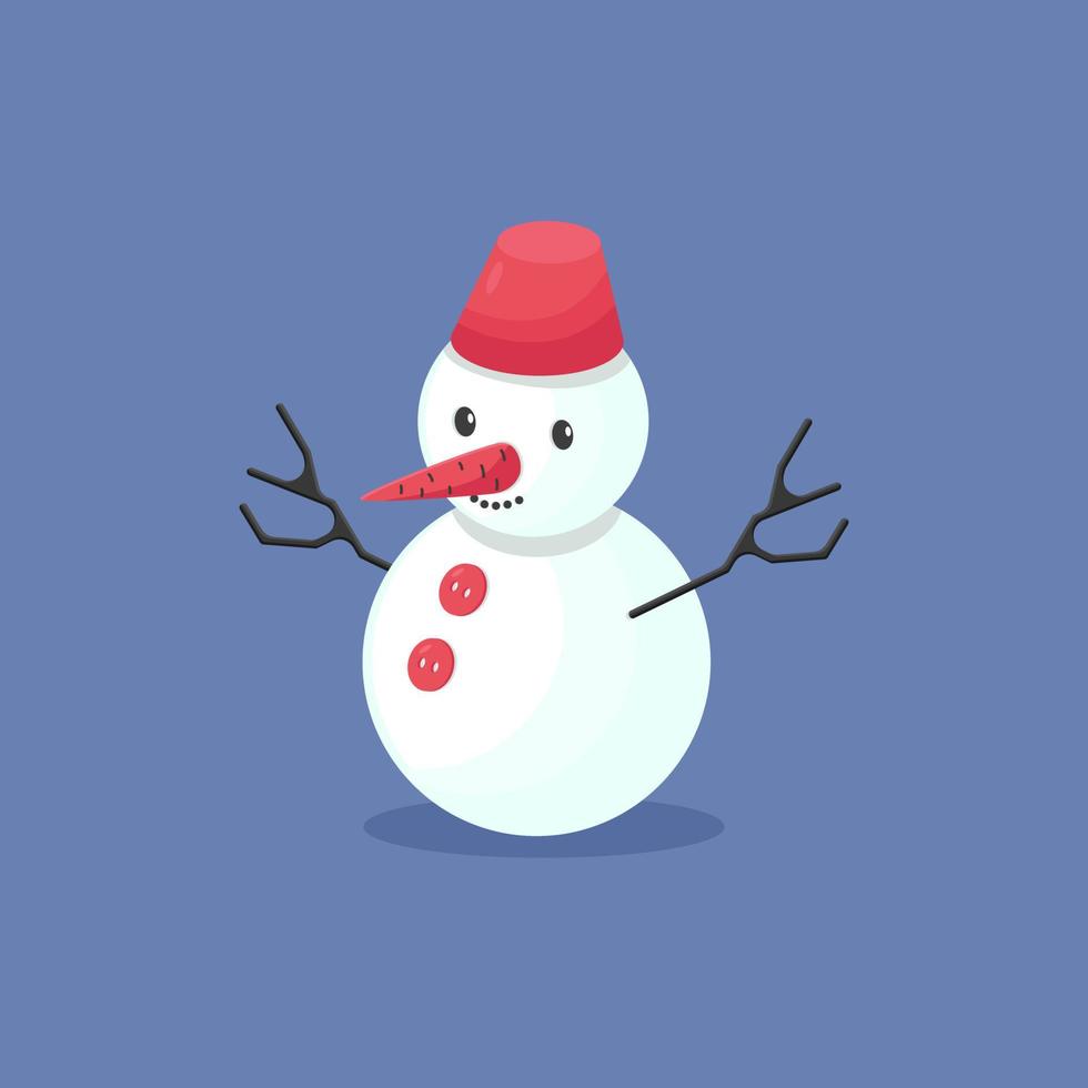 bonhomme de neige avec seau sur la tête isolé sur fond bleu. illustration vectorielle. élément d'hiver drôle de bande dessinée. vecteur