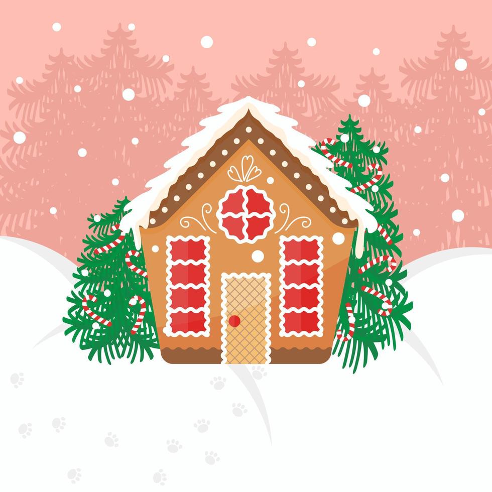 joli paysage de maisons en pain d'épice avec arbres de noël et illustration vectorielle de neige. design festif pour cartes de voeux. affiche du nouvel an. vecteur