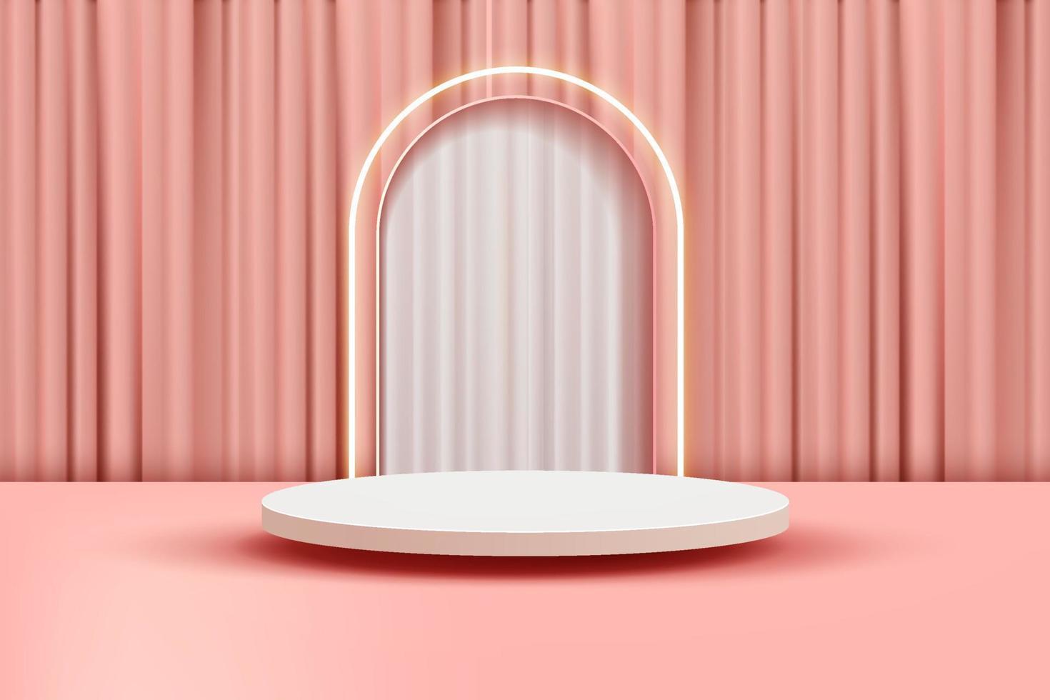 Fond de scène abstrait 3d podium blanc flottant avec fond de porte de rideau rose vecteur