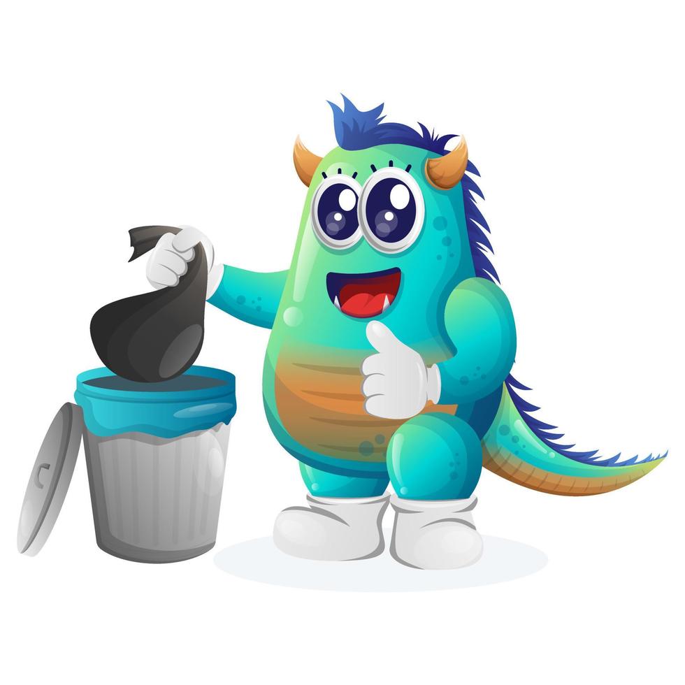 mignon monstre bleu plaçant des déchets réutilisables dans une poubelle vecteur