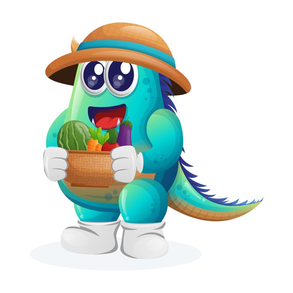 mignon monstre bleu porte une variété de fruits et légumes frais vecteur
