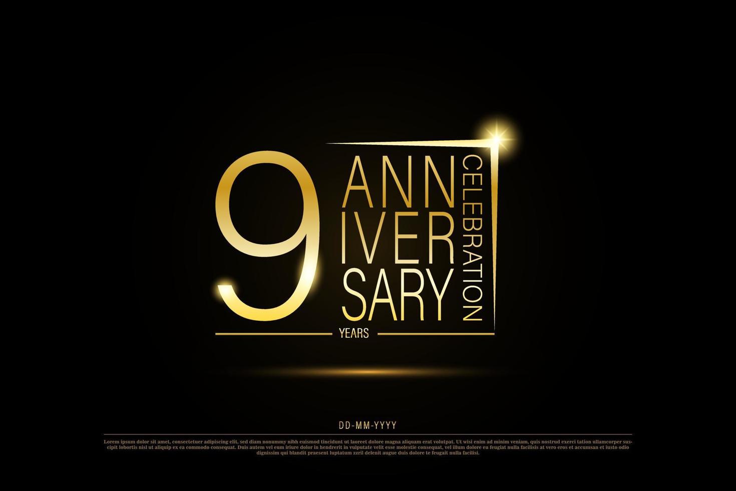 9 ans anniversaire logo or doré sur fond noir, création vectorielle pour la célébration. vecteur