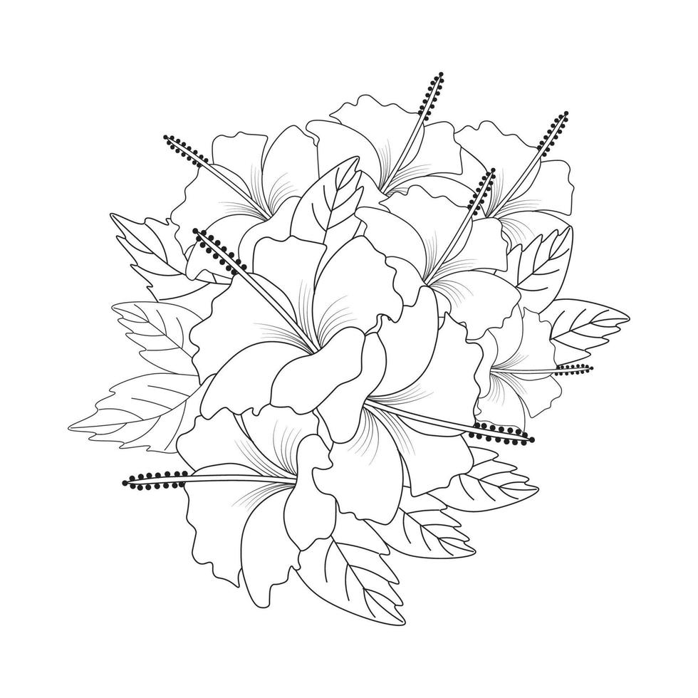 fleur d'hibiscus coloriage illustration avec trait d'art en ligne noir et blanc dessiné à la main vecteur