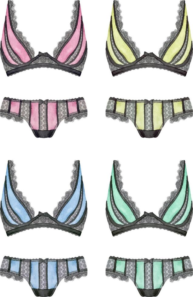 ensemble aquarelle d'illustration de sous-vêtements en dentelle lingerie femme colorée. douche nuptiale fête ensemble de lingerie clipart vecteur