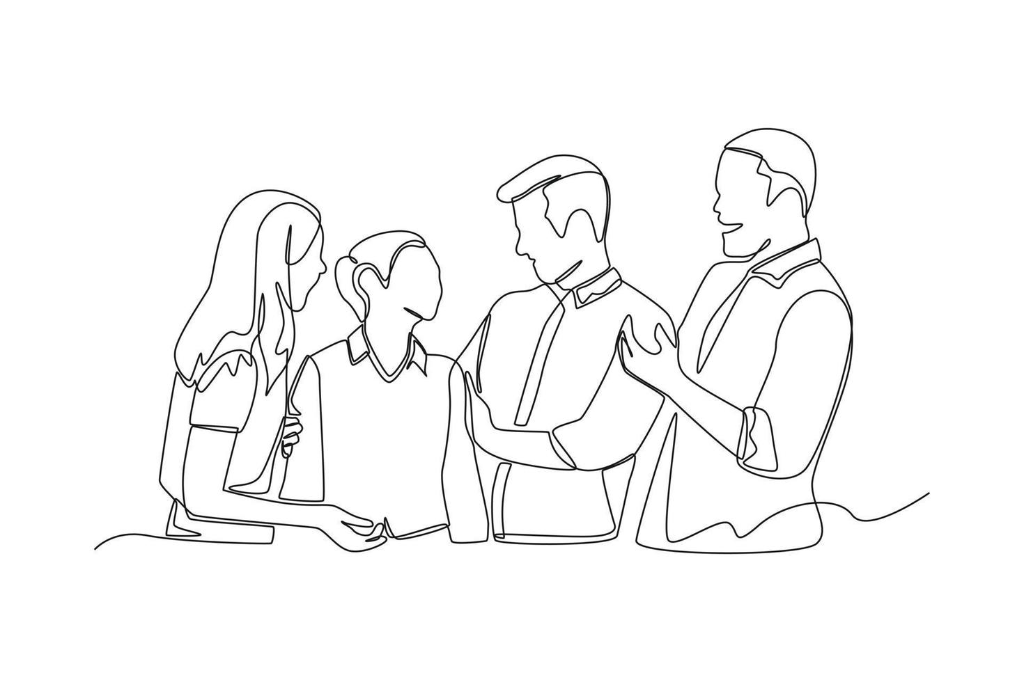 un dessin continu de jeunes travailleurs masculins et féminins discutant ensemble du projet de l'entreprise. notion de coworking. illustration graphique vectorielle de dessin à une seule ligne. vecteur