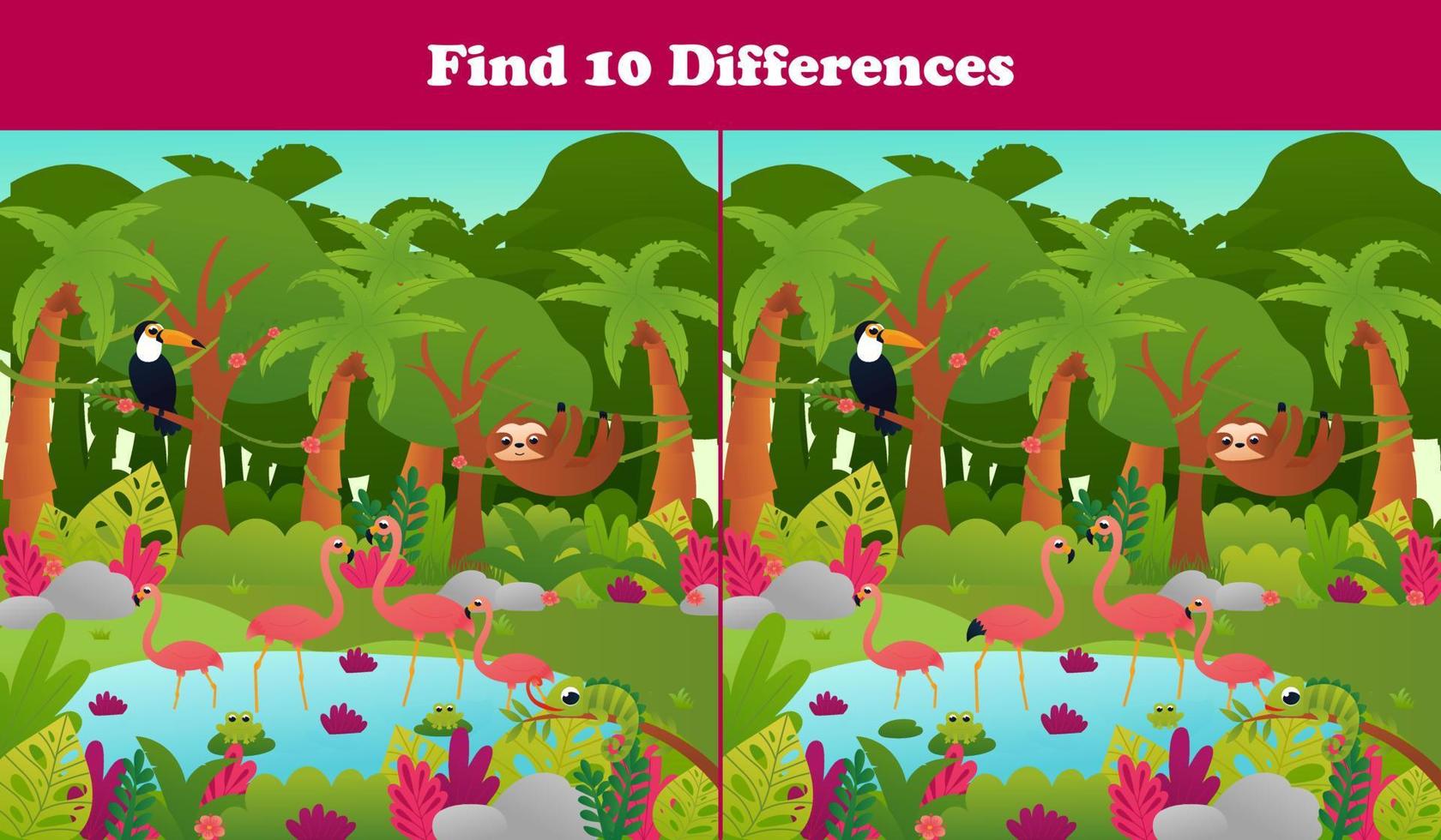 trouver dix différences feuille de travail imprimable avec scène paradisiaque de la jungle tropicale, étang avec flamant rose et toucan, paresseux vecteur