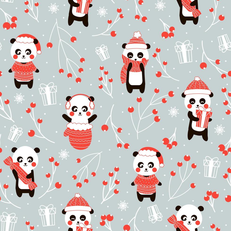 modèle sans couture de noël avec un joli personnage d'ours panda chinois sur fond gris vecteur