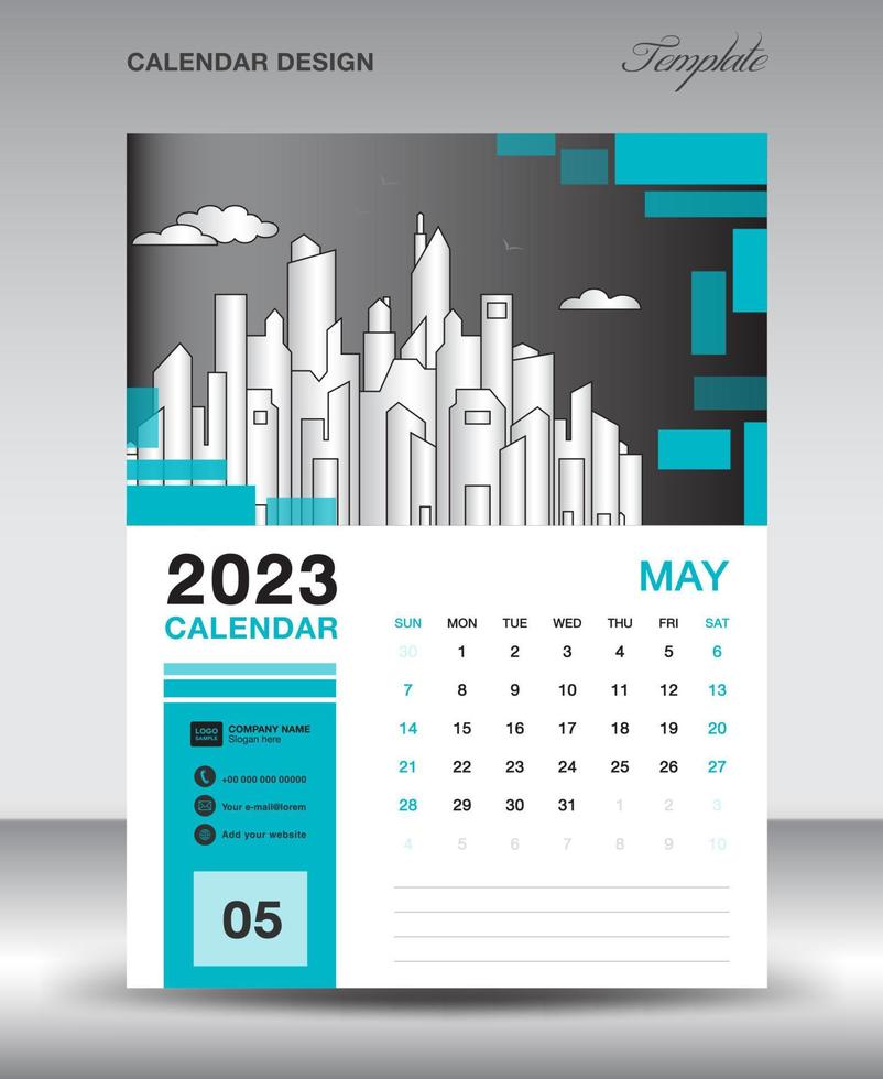 modèle de conception de calendrier 2023 - mise en page de l'année de mai 2023, conception de calendrier vertical, modèle de calendrier de bureau, modèle de calendrier mural 2023, planificateur, la semaine commence le dimanche, image vectorielle vecteur