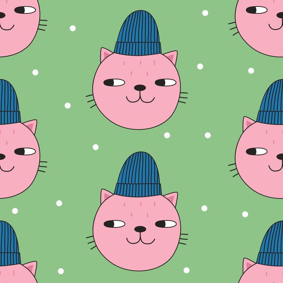 modèle sans couture avec chat rose mignon en chapeau d'hiver. illustration vectorielle vecteur