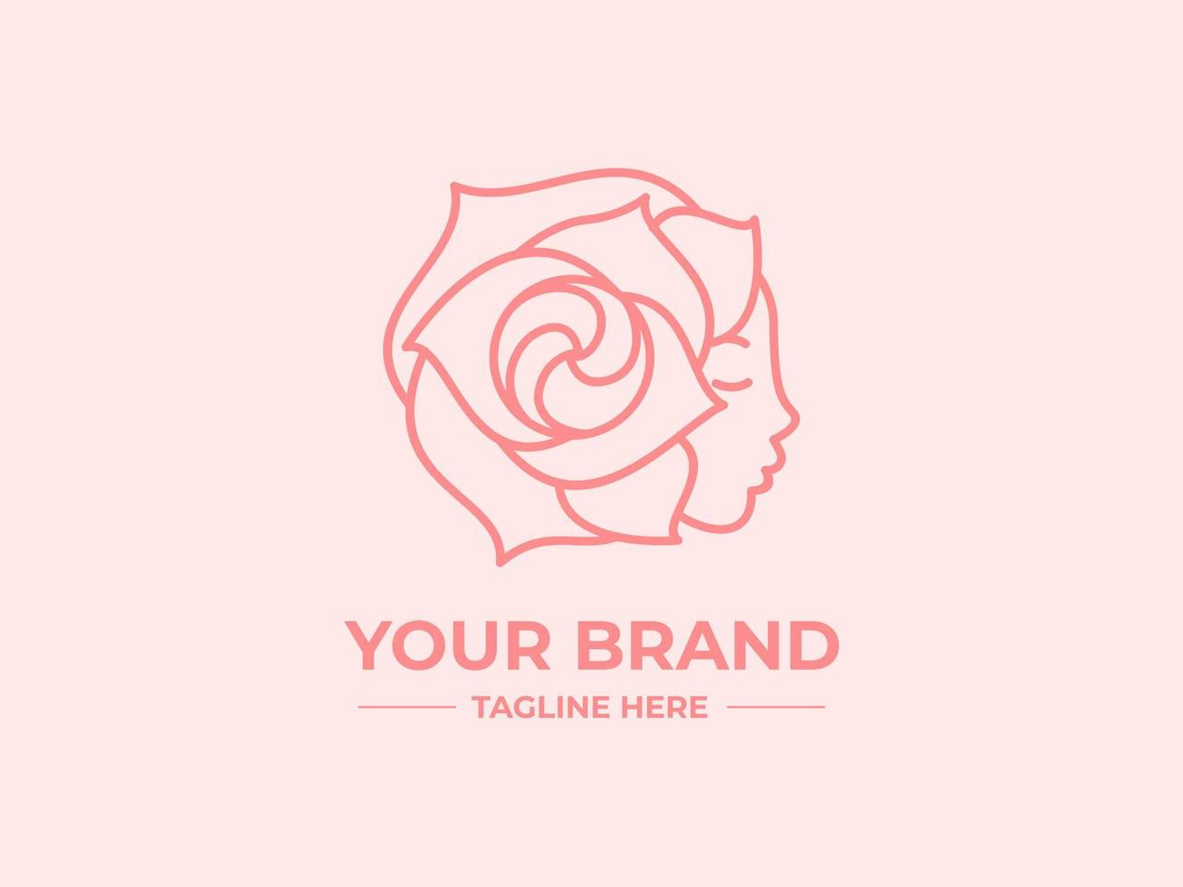 fleur rose abstraite avec logo de visage de femme, logo minimaliste pour la marque de beauté avec style d'art en ligne vecteur