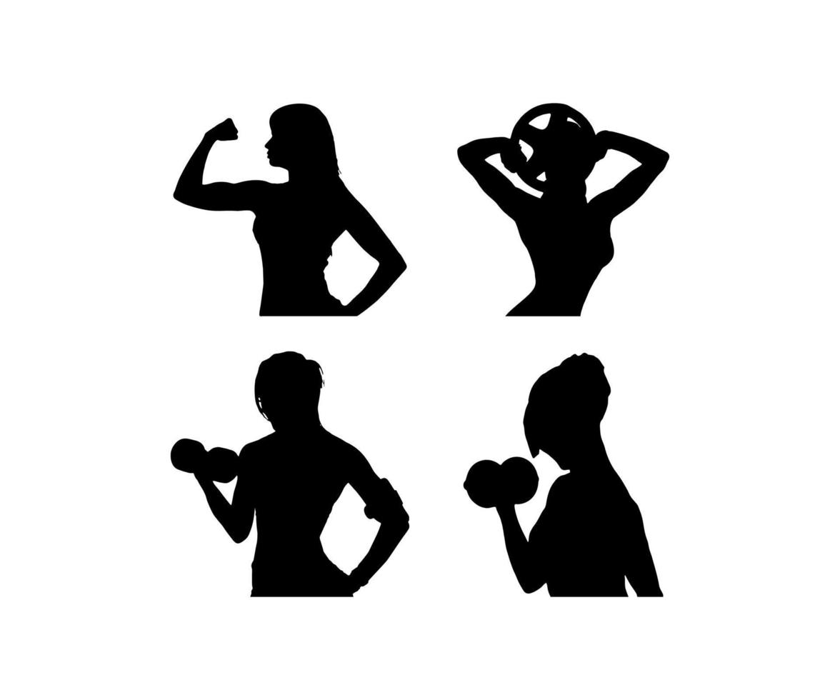 logo du club de remise en forme avec exercice athlétique homme et femme isolé sur blanc, silhouette de formation bodybuilder fille avec haltères. club de remise en forme salle de sport vecteur