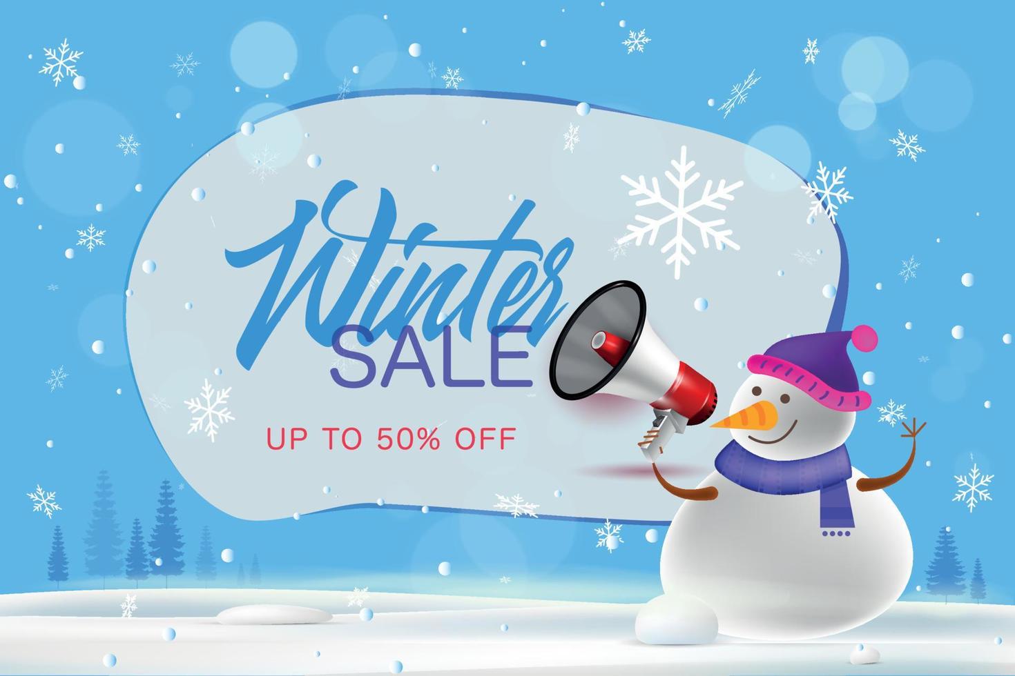 bonhomme de neige debout dans la neige annonçant une remise sur les soldes d'hiver dans un mégaphone, des flocons de neige autour vecteur