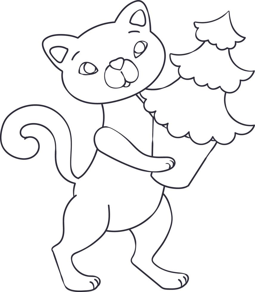 le chat porte un sapin de noël, une carte de noël, un dessin en noir et blanc, une illustration vectorielle à colorier vecteur