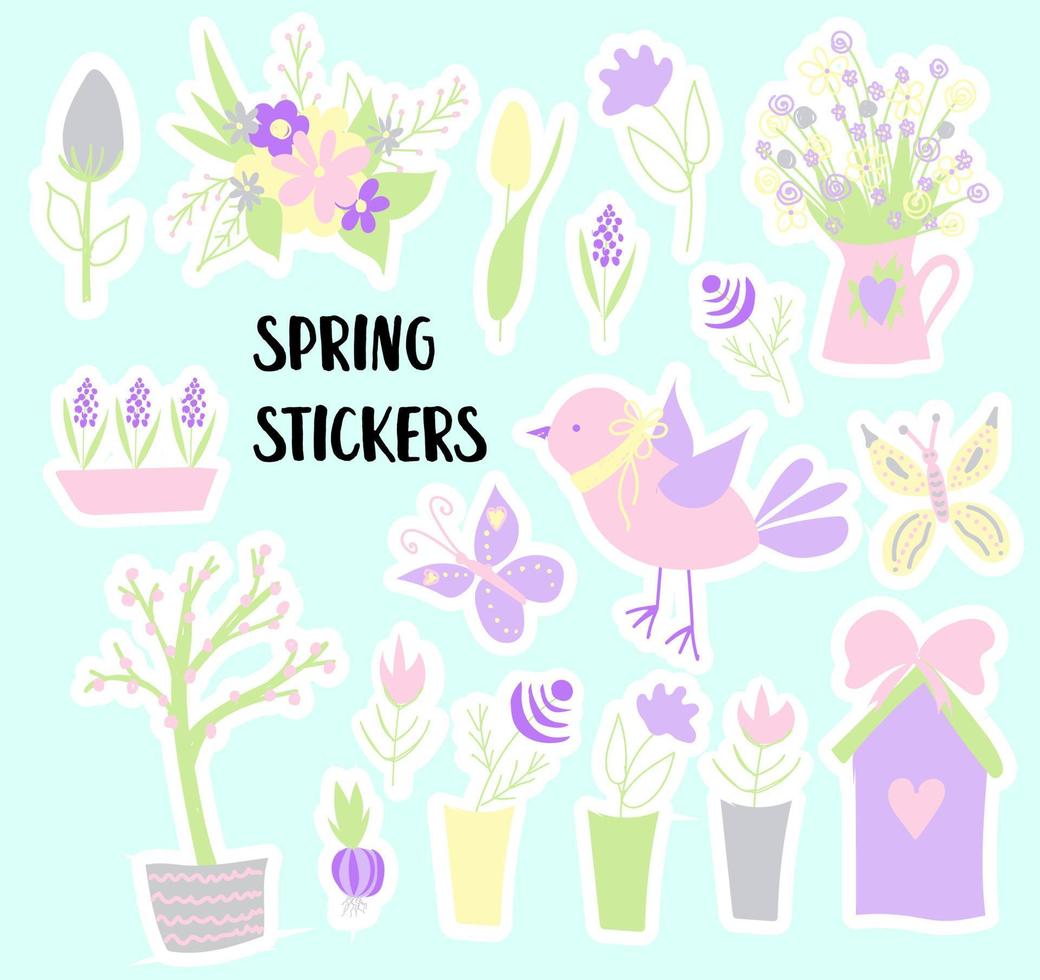 Pâques. autocollants de printemps. joyeuses Pâques. éléments pour créer des cartes postales. oiseau, fleurs nichoir couleurs pastel vecteur