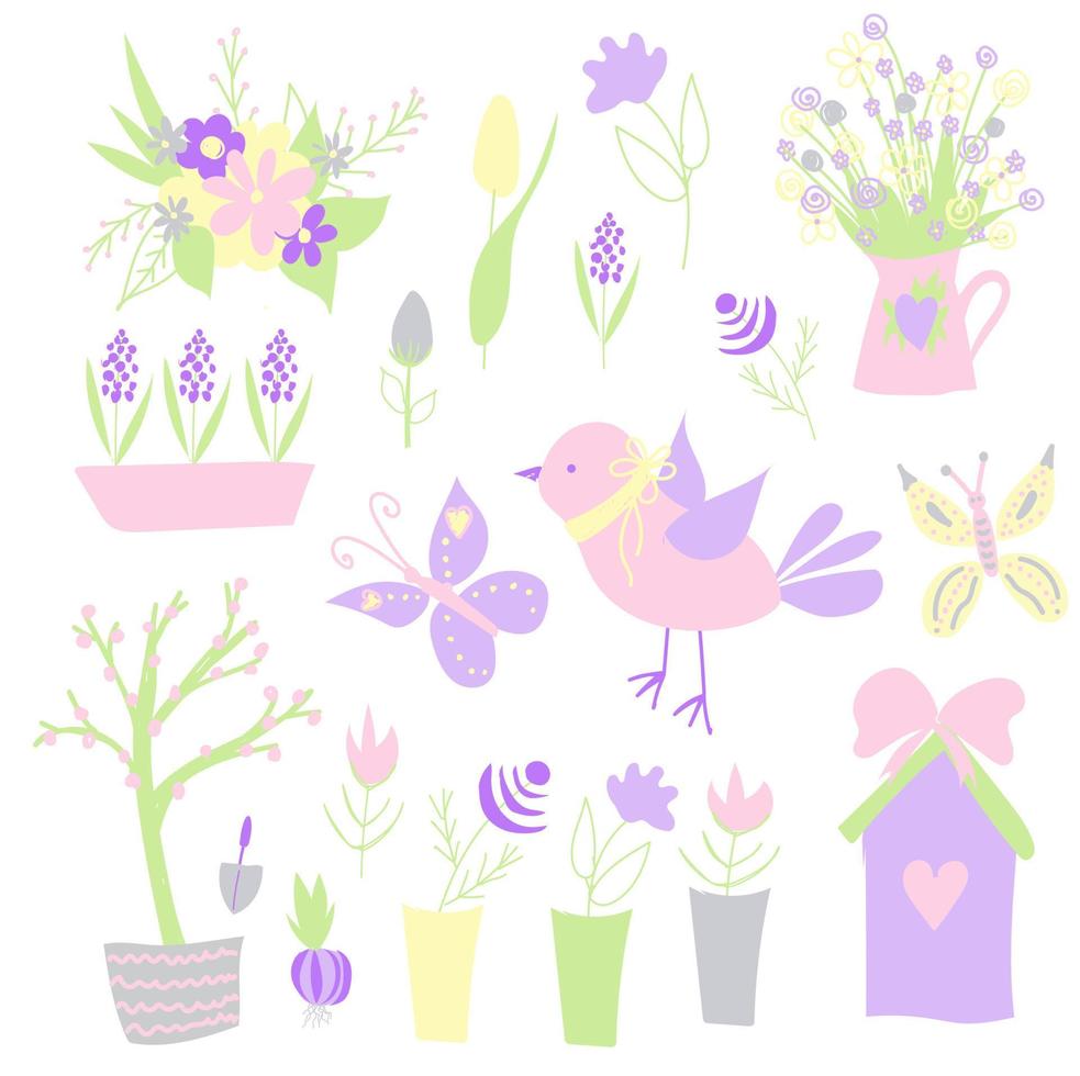 Pâques. autocollants de printemps. joyeuses Pâques. éléments pour créer des cartes postales. oiseau, fleurs nichoir couleurs pastel vecteur