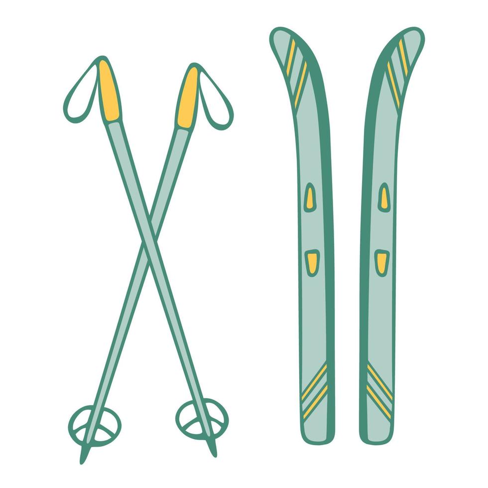 dessin vectoriel de bâtons de ski et de skis de style doodle sur fond blanc.