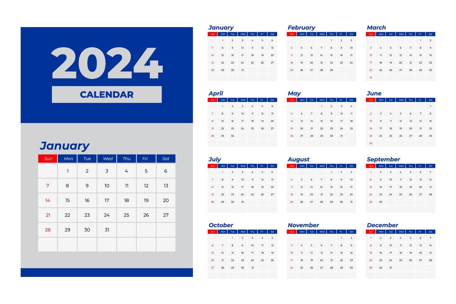 bureau calendrier 2024 modèle - 12 mois inclus. année calendrier 27874735  Art vectoriel chez Vecteezy