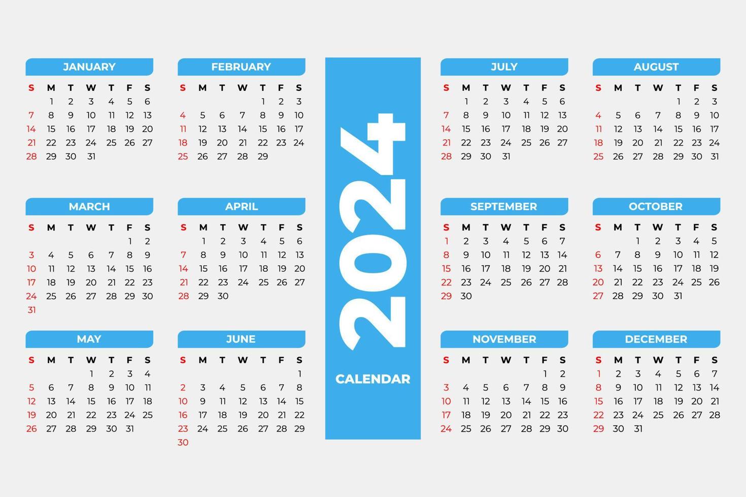 Modèle de calendrier 2024, vecteur modifiable