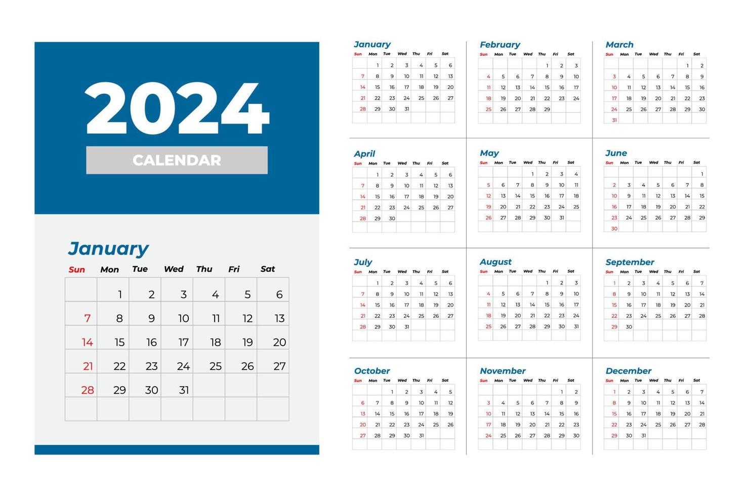 Modèle de calendrier 2024, vecteur modifiable