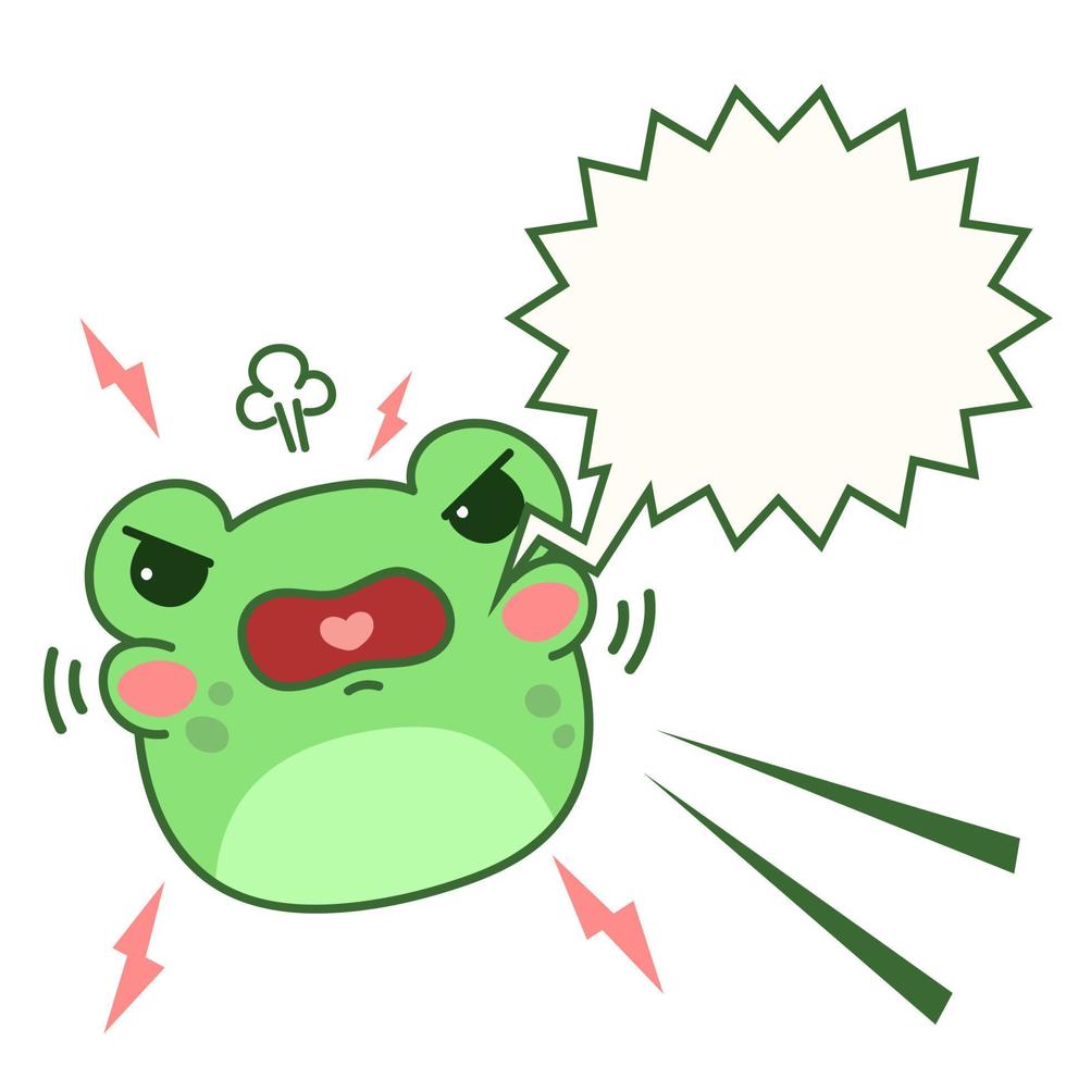 grenouille en colère. tête de crapaud dans un style de dessin animé kawaii. animal dessiné à la main avec discours de bulle. illustration vectorielle pour animaux de compagnie isolée sur fond blanc. vecteur