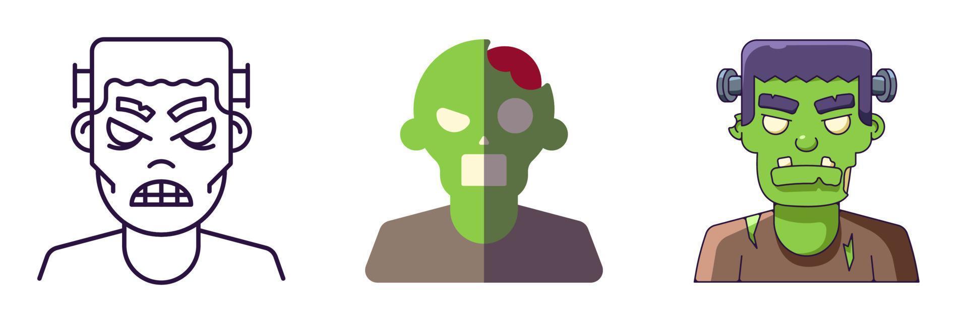 éléments d'halloween. jeu d'icônes vectorielles de zombie dessiné dans des styles de ligne, plat et dessin animé. parfait pour les applications, les livres, les articles, les magasins, les magasins, les publicités vecteur
