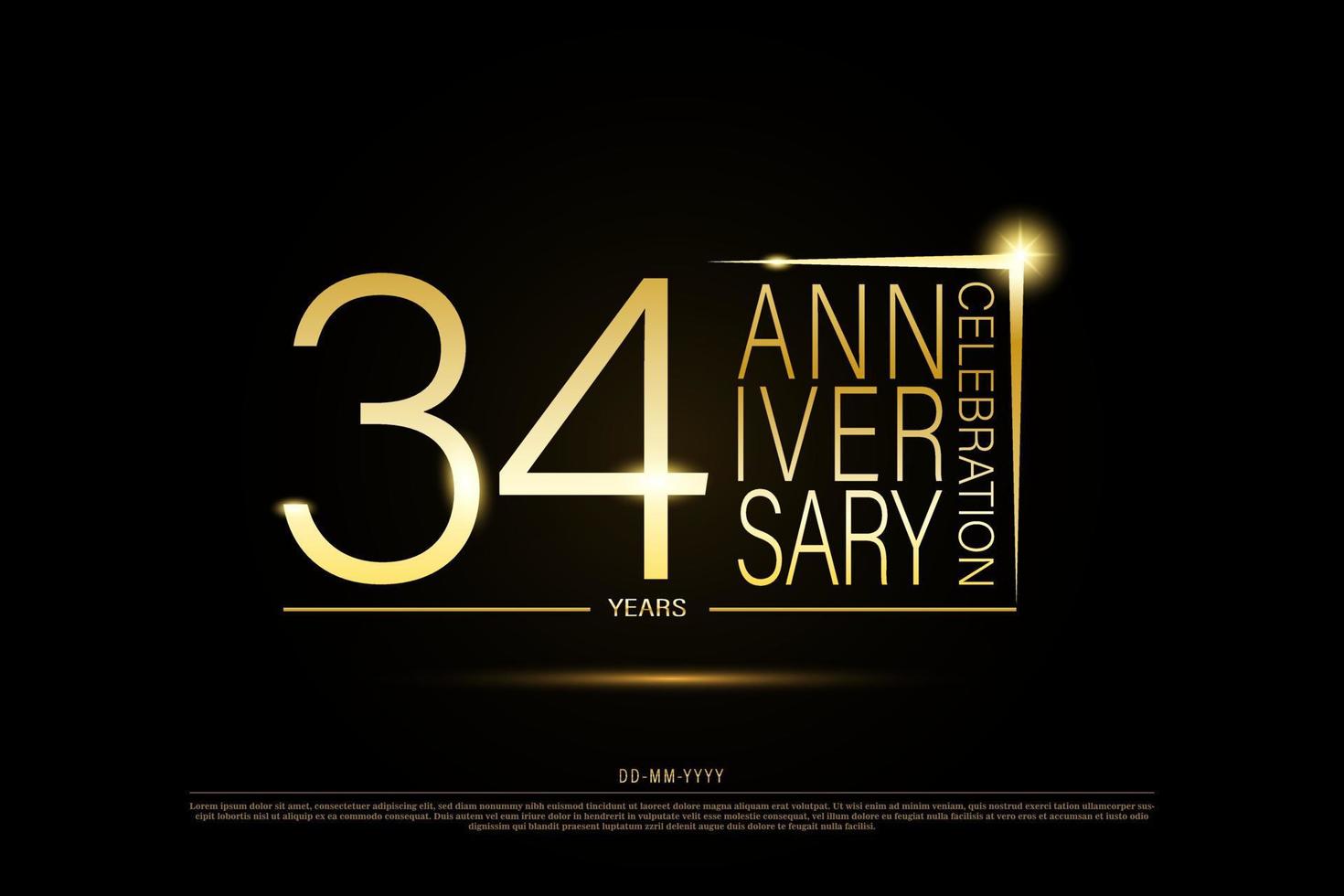 Logo doré doré de 34 ans sur fond noir, création vectorielle pour la célébration. vecteur