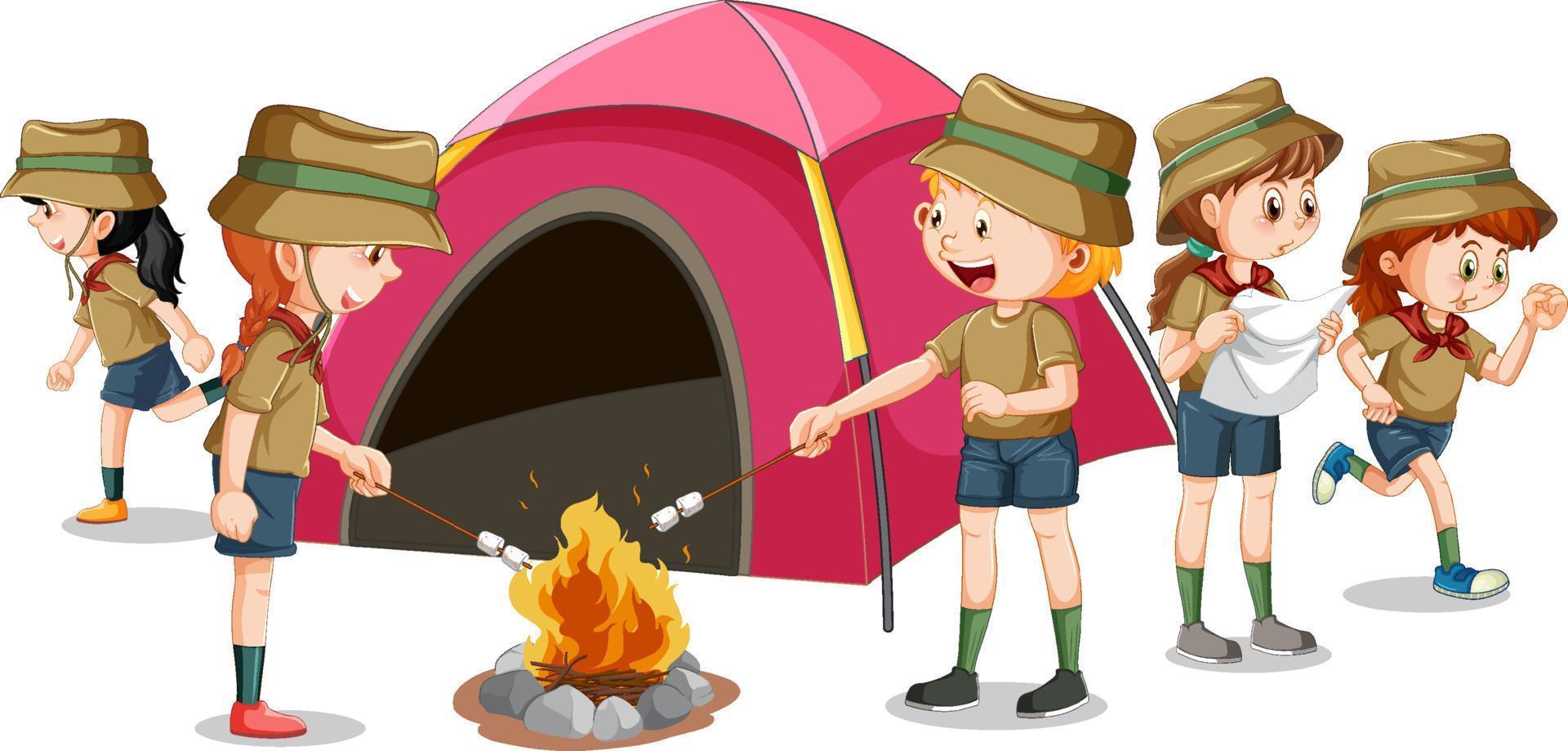 camping enfants en style cartoon vecteur