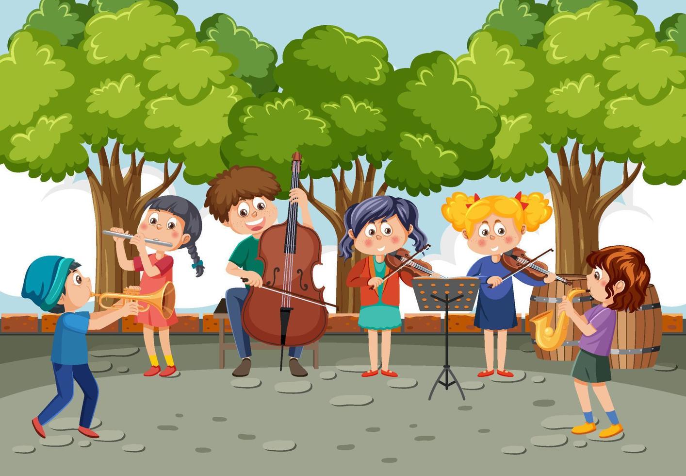groupe de musique pour enfants jouant au parc vecteur