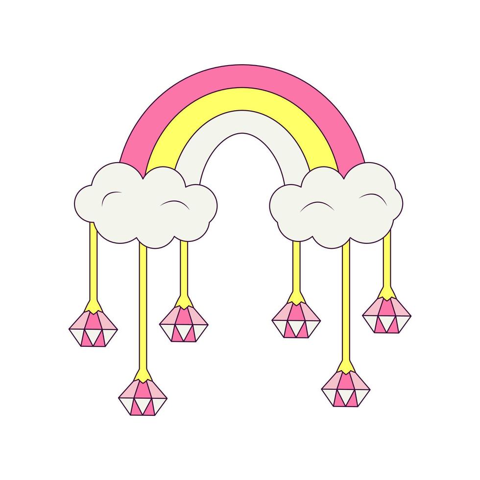 nuage et arc-en-ciel et diamants suspendus dans un autocollant ou un badge temporaire de style rétro groovy vecteur