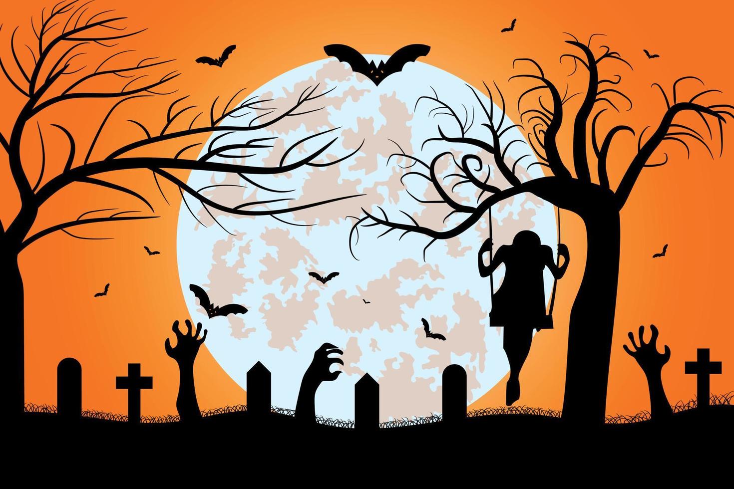 joyeux fond de nuit d'halloween. citrouilles d'halloween, cimetière, arbres fantasmagoriques et maison hantée avec illustration vectorielle de concept d'halloween d'horreur. vecteur