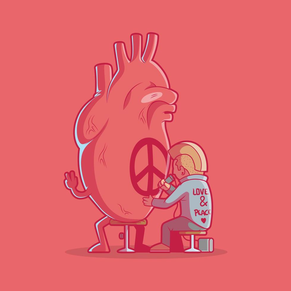 personnage de coeur obtenant une illustration vectorielle de tatouage de paix. amour, concept de design de paix. vecteur