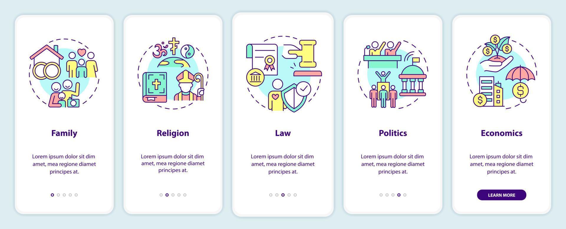 écran d'application mobile d'intégration de la liste des institutions sociales. pas à pas en 5 étapes pages d'instructions graphiques avec des concepts linéaires. ui, ux, modèle d'interface graphique. vecteur