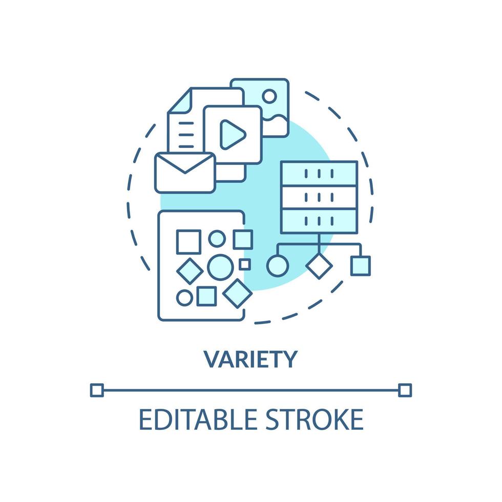 icône de concept de variété turquoise. illustration de ligne mince d'idée abstraite caractéristique de données volumineuses. source de données non structurées. dessin de contour isolé. trait modifiable. vecteur