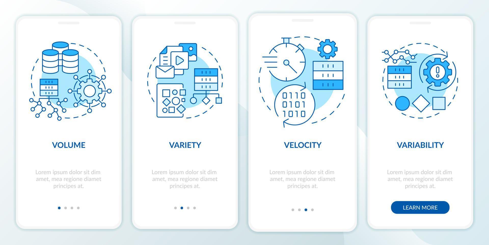 caractéristiques de l'écran de l'application mobile d'intégration bleu big data. pas à pas de l'industrie pages d'instructions graphiques en 4 étapes avec des concepts linéaires. ui, ux, modèle d'interface graphique. vecteur