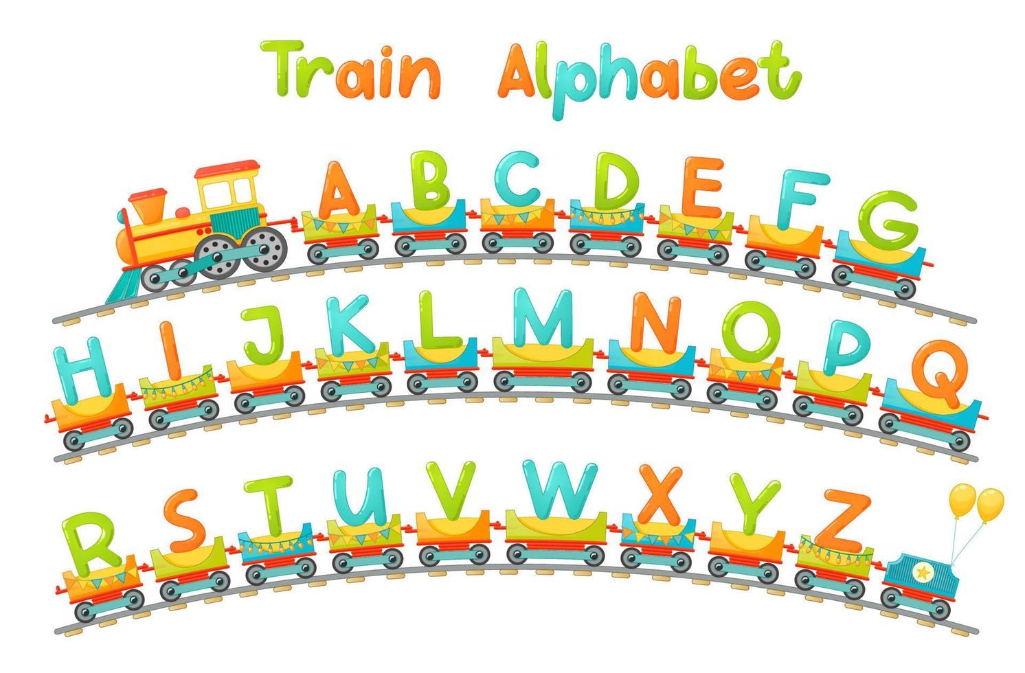 alphabet de train pour enfant en style cartoon. lettres majuscules uniquement. lettres abc vectorielles pour l'éducation des enfants à l'école, à l'école maternelle et à la maternelle. vecteur