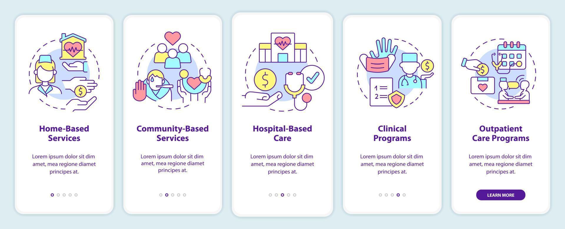 écran d'application mobile d'intégration des services de soins médicaux. aide sociale pas à pas 5 étapes pages d'instructions graphiques avec des concepts linéaires. ui, ux, modèle d'interface graphique. vecteur