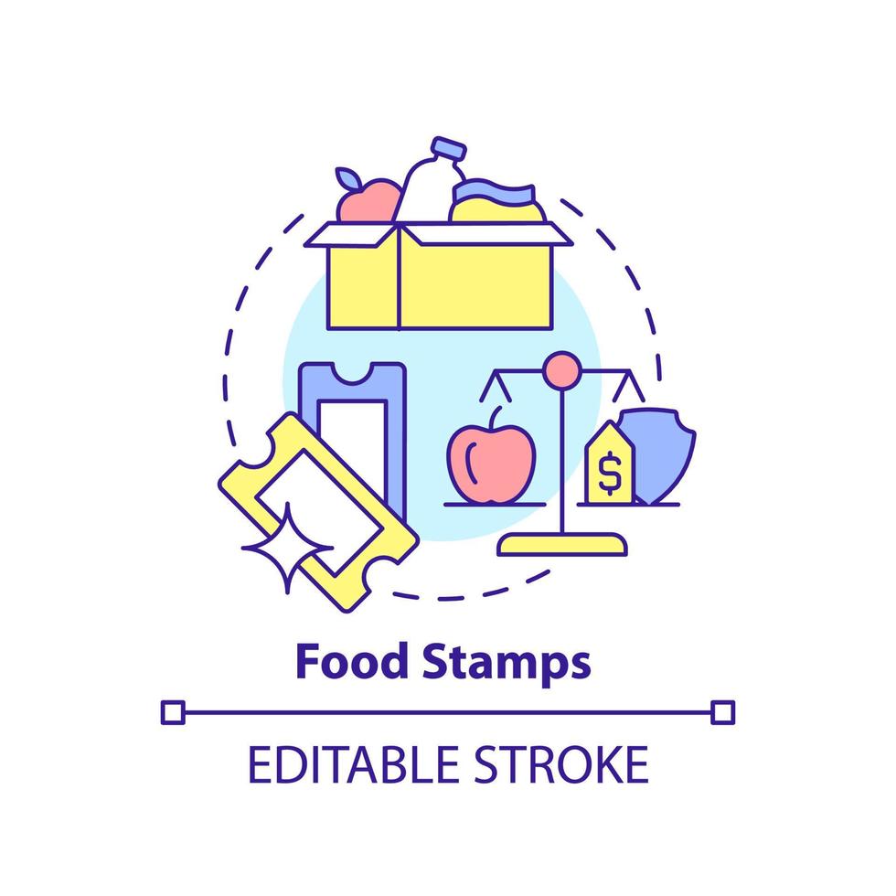 icône de concept de timbres alimentaires. soutien aux personnes à faible revenu. illustration de la ligne mince de l'idée abstraite des avantages du gouvernement. dessin de contour isolé. trait modifiable. vecteur