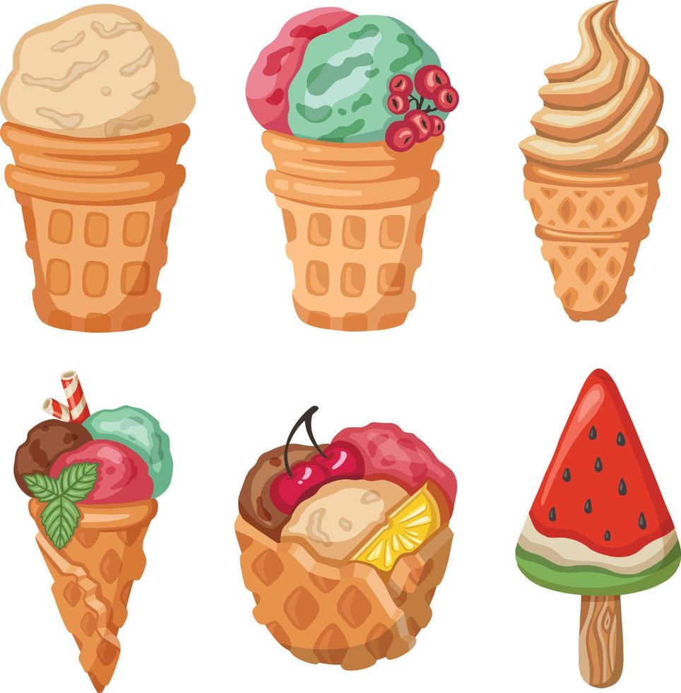 jeu de crème glacée juteuse lumineuse, symbole de sorbet, illustration vectorielle vecteur