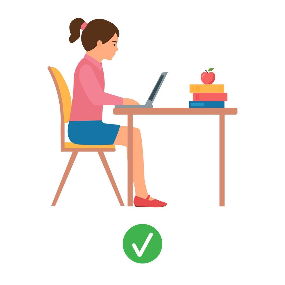 position correcte. fille assise devant un ordinateur portable. assise ergonomique chaise correcte ordinateur bonne position du corps.dos sain. illustration vectorielle vecteur